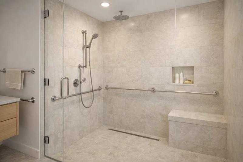 Curbless walk-in shower for accessible and aging-in-place bathroom design in Roseville, California done by western renovations