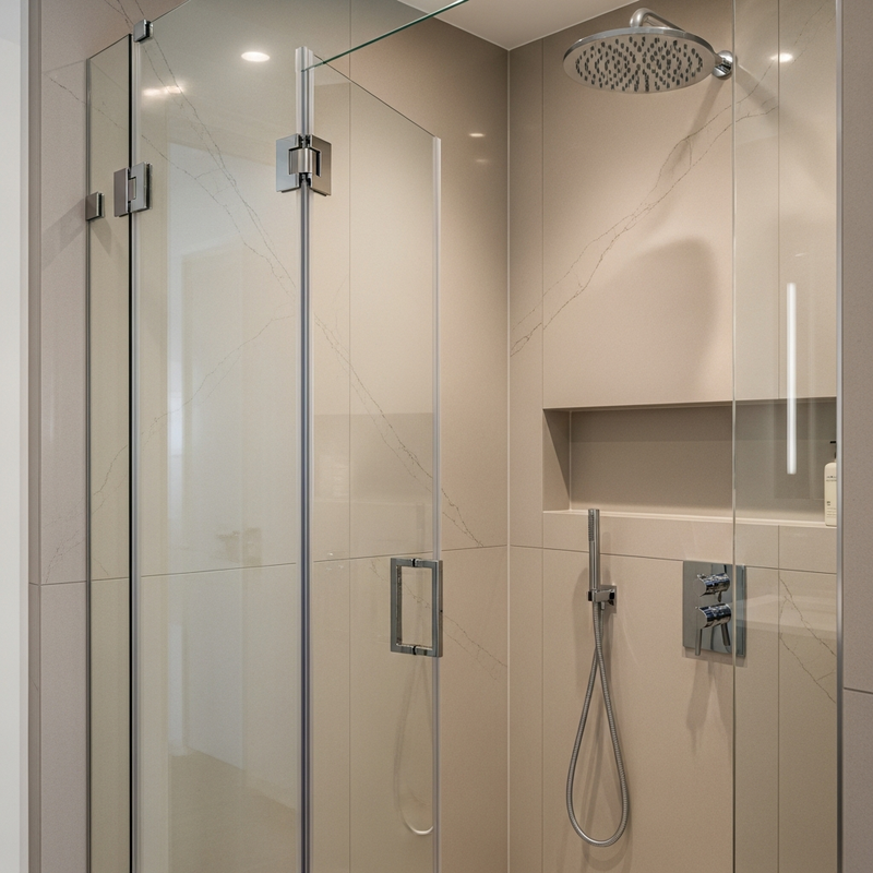 Luxury quartz composite shower wall panel with seamless grout-free finish in modern bathroom remodel Roseville California