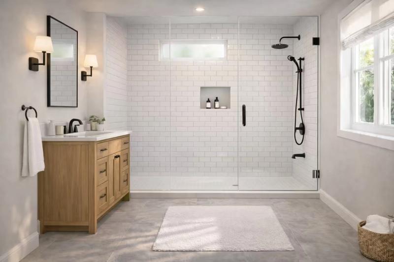 Modern farmhouse guest bathroom with tub to shower conversion and subway tile remodel done by western renovations