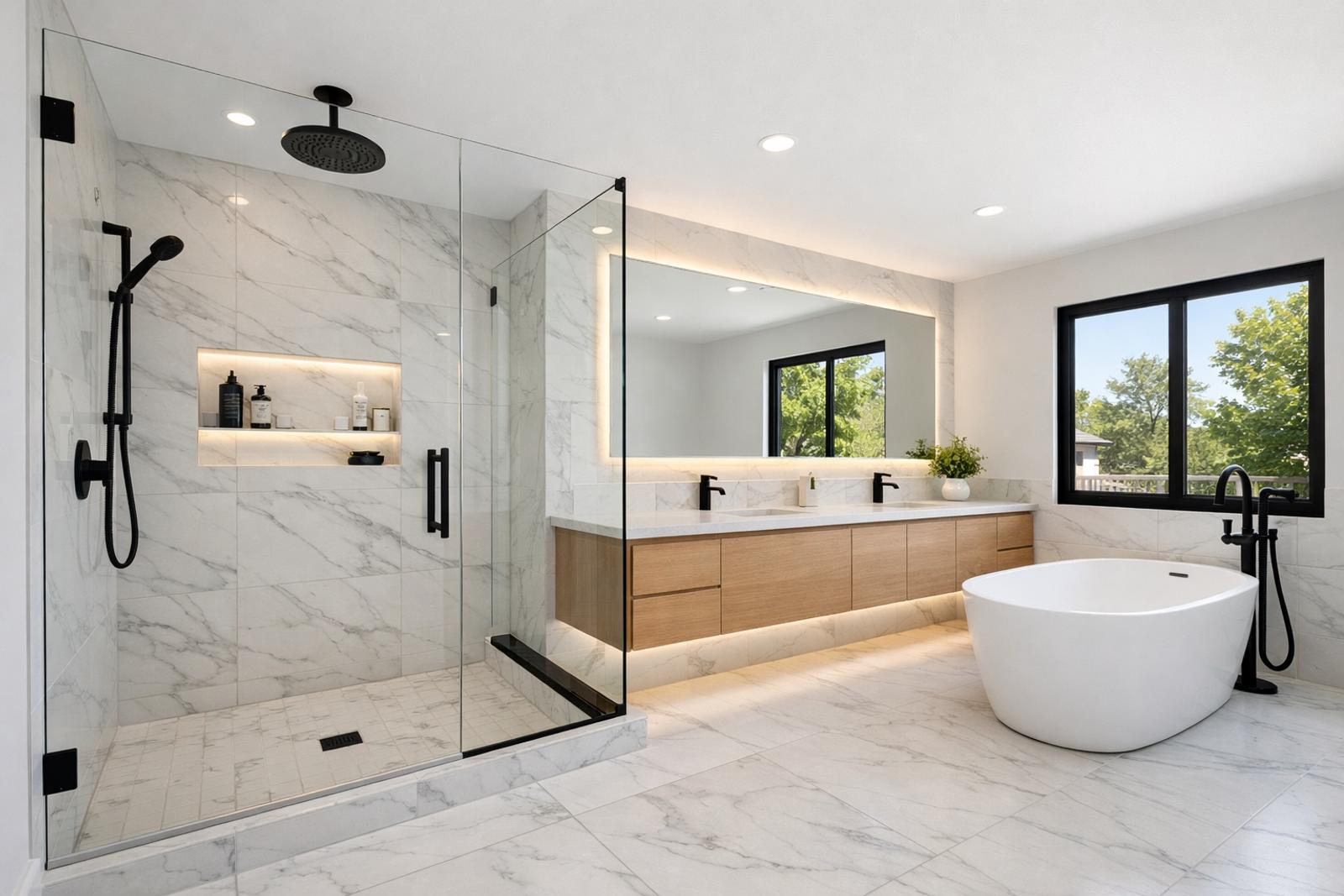 Luxury master bathroom remodel in Roseville CA by Western Renovations featuring marble-look tile, frameless glass shower, and floating oak vanity.