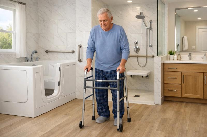 Senior-friendly ADA bathroom remodel by Western Renovations featuring a walk-in tub, curbless shower, grab bars, and aging-in-place design for safe mobility