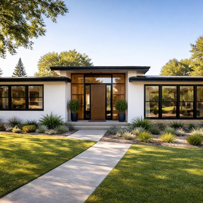 Exterior view of a renovated modern home in Roseville, California with fresh paint and landscaping by Western Renovations.
