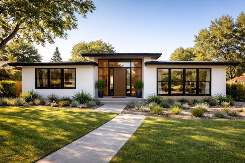 Exterior view of a remodeled modern home in Roseville, California with fresh paint and landscaping by Western Renovations.