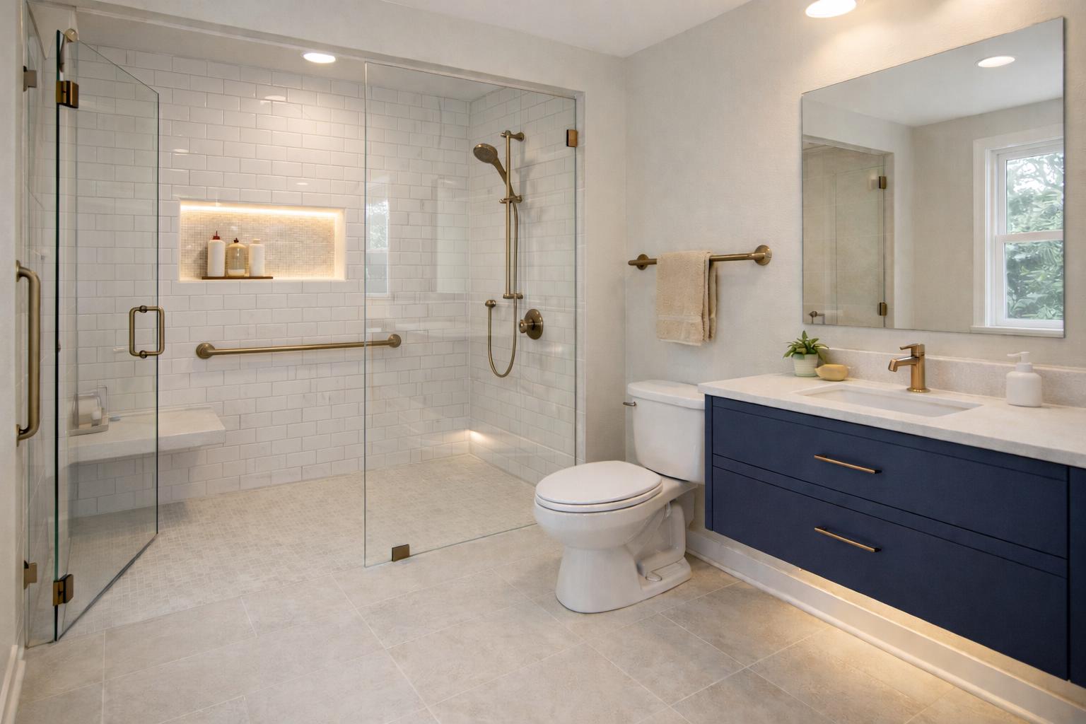 Beige tile shower with black fixtures and a navy floating vanity ada bathroom remodel done by western renovations
