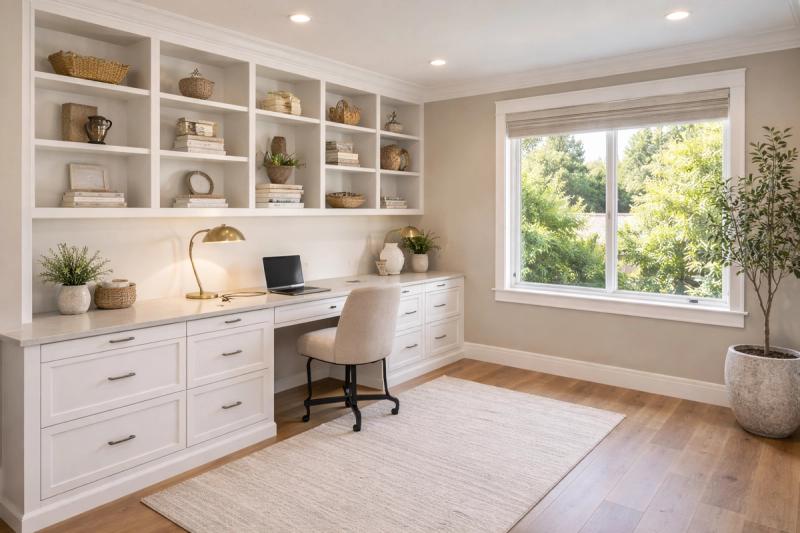 Custom home office remodel with built-in shelving, quartz desk surface, and hardwood floors by Western Renovations in Roseville, CA