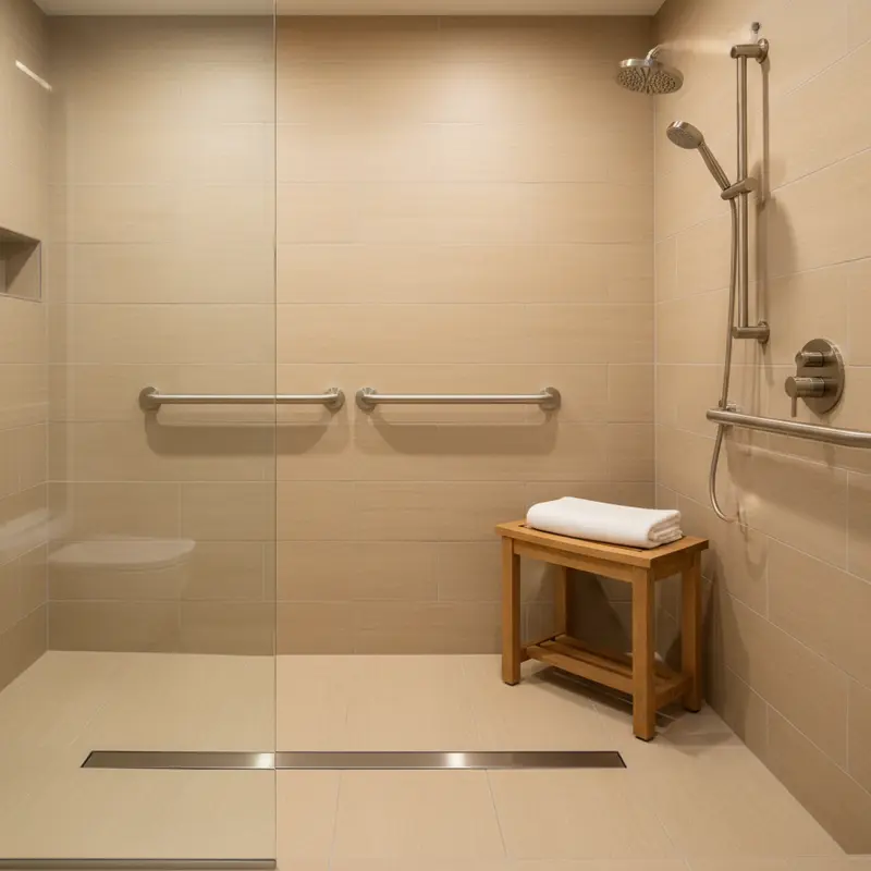 Modern ADA-accessible curbless shower with grab bars and built-in bench in a Sacramento home