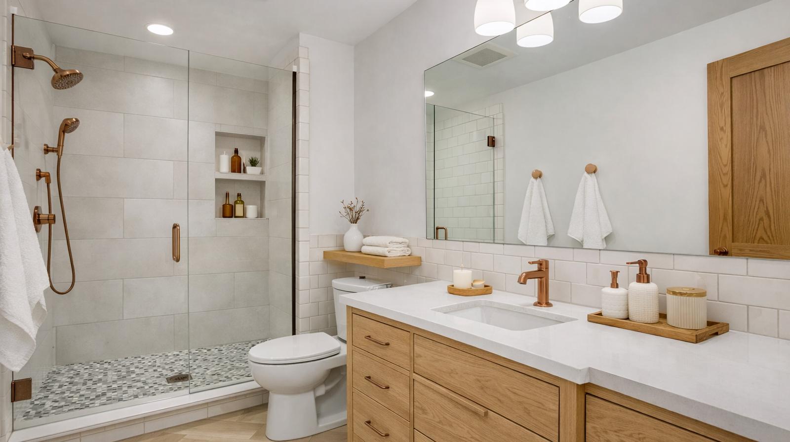 Modern walk-in shower conversion with frameless glass and premium tile in Roseville bathroom