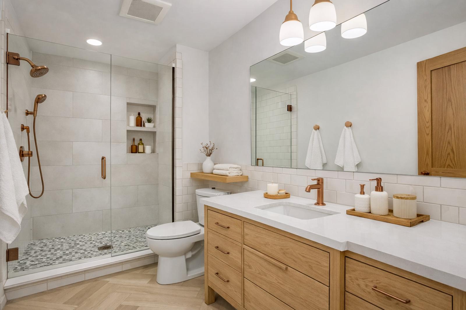 Modern walk-in shower conversion with frameless glass and premium tile in Roseville bathroom