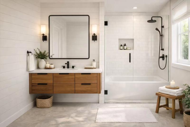 Modern farmhouse guest bathroom with white tile and black fixtures renovation done by Western Renovations