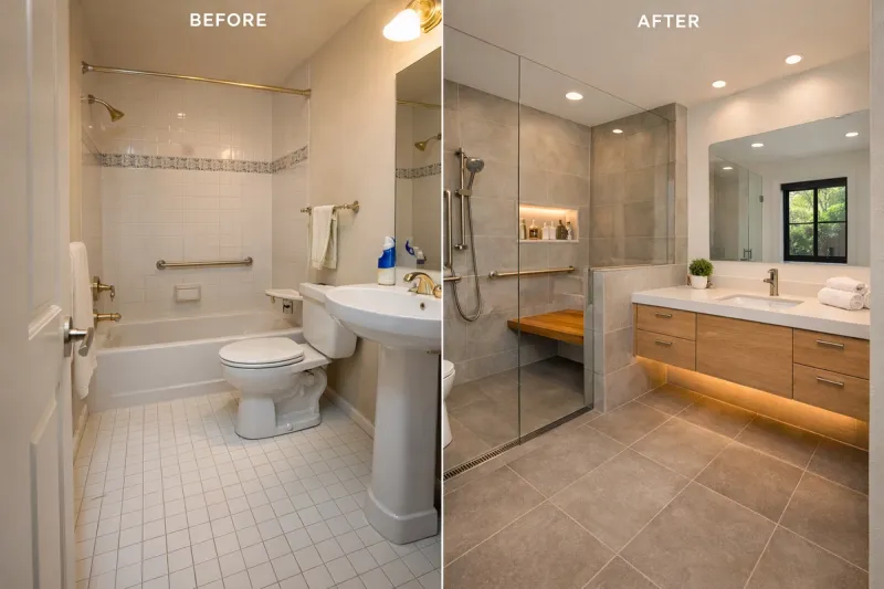 Granite Bay aging-in-place bathroom remodel with zero-entry shower, linear drain, and integrated grab bars done by western renovations before and after