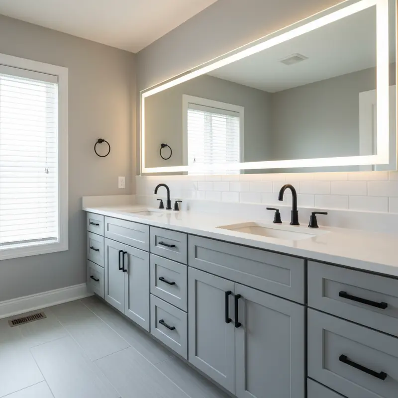 Modern double vanity with quartz countertop and matte black fixtures in a bathroom renovation