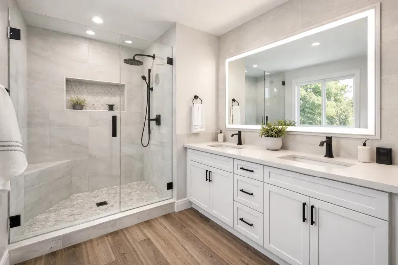 High-quality bathroom remodel in Roseville California by licensed contractor western renovations showing professional tile work and modern shower design