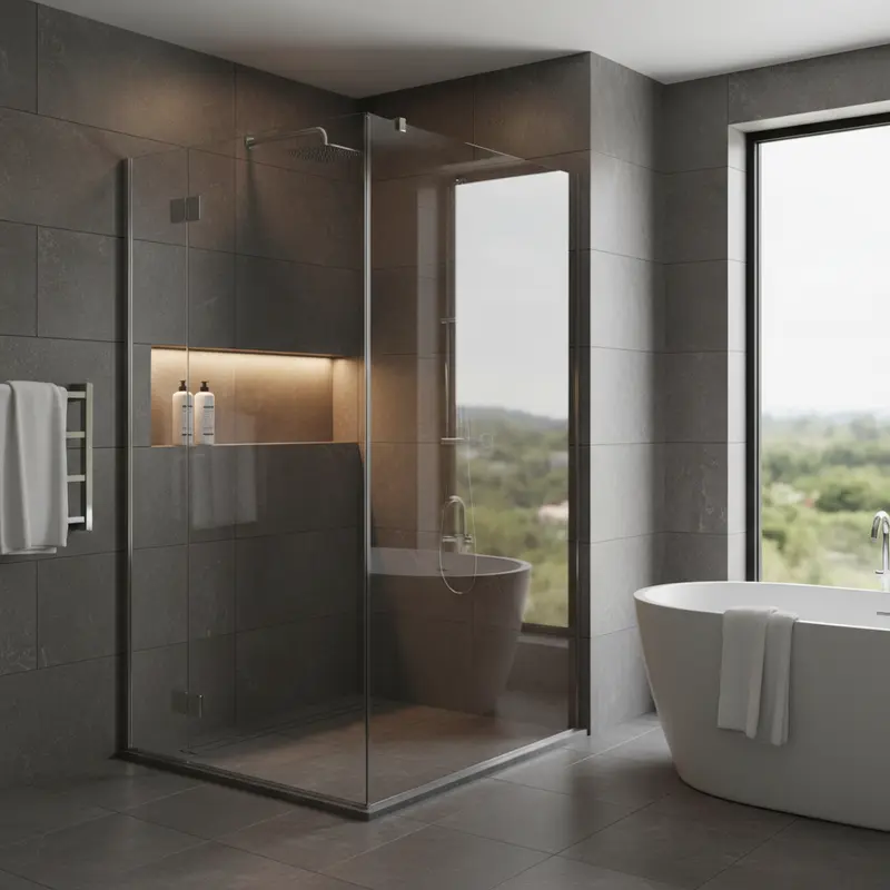 Modern frameless glass corner shower enclosure in a luxury bathroom with large format porcelain tile