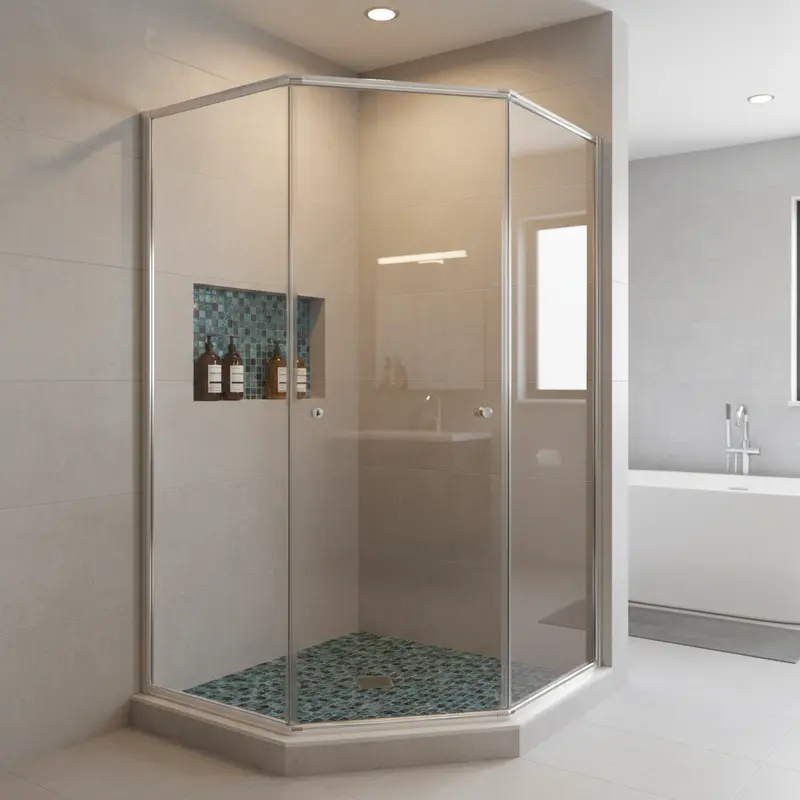 Neo-angle corner shower installation with three glass panels and chrome frame in a residential bathroom