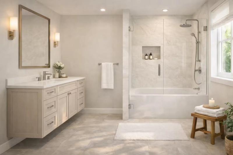 Transitional luxury guest bathroom with tub shower combo renovation done by Western Renovations