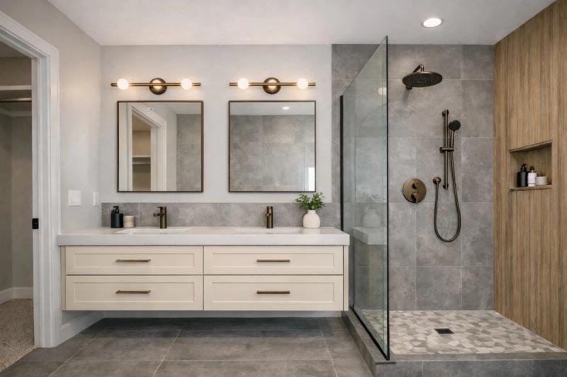 Contemporary bathroom remodel in Roseville and Granite Bay CA by Western Renovations with slab shower walls and floating walnut vanity.