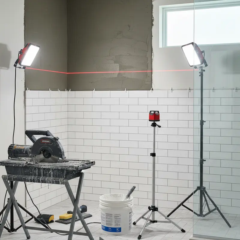 Bathroom tile installation in progress with large format subway tiles spacers and professional tiling tools