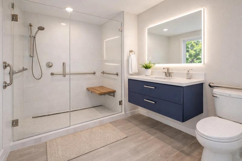 ADA accessible bathroom remodel in Roseville CA by Western Renovations featuring curbless shower, grab bars, and aging-in-place design.