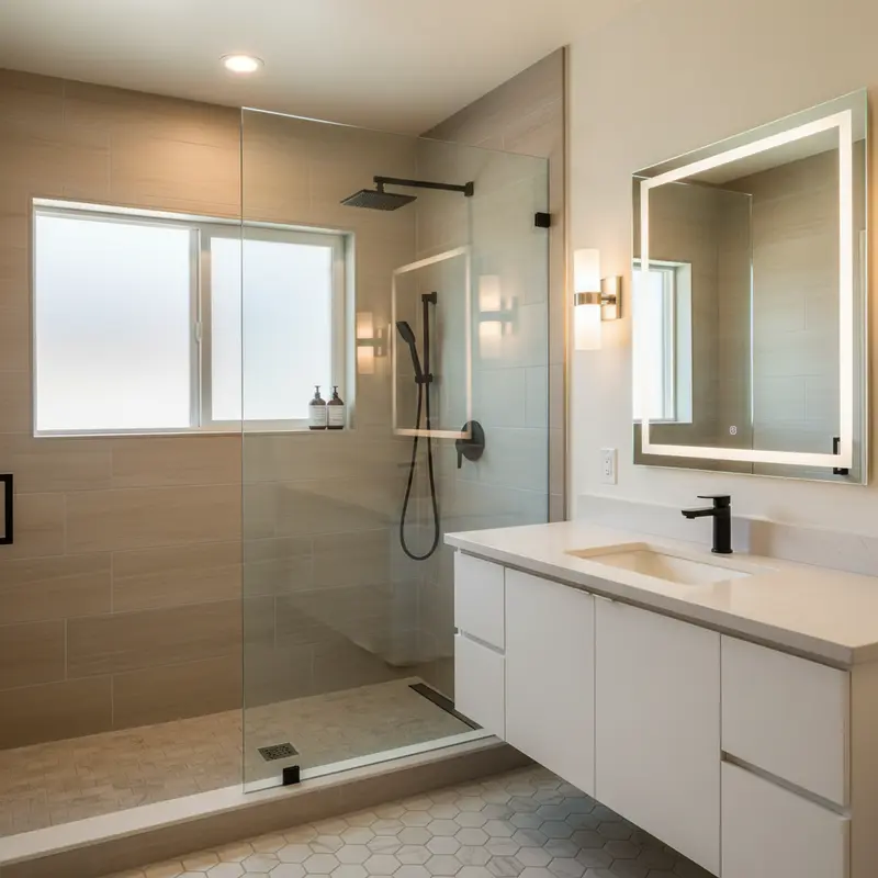 Beautifully completed bathroom remodel with walk-in tile shower frameless glass floating vanity and modern fixtures