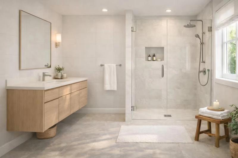 Scandinavian guest bathroom with light wood vanity and walk in shower renovation done by Western Renovatoins