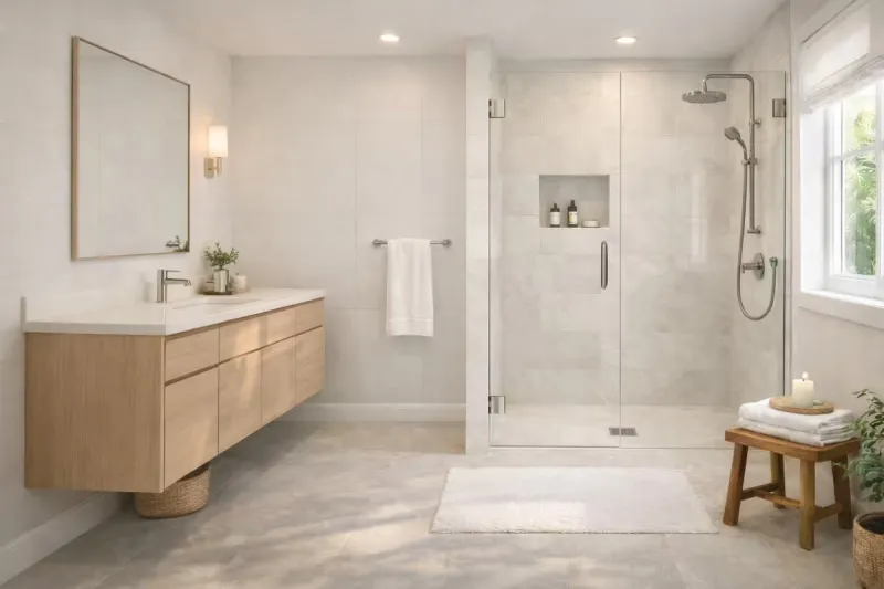 Modern Mediterranean bathroom remodel in Roseville featuring textured plaster walls, natural stone finishes, and warm neutral design by Western Renovations.