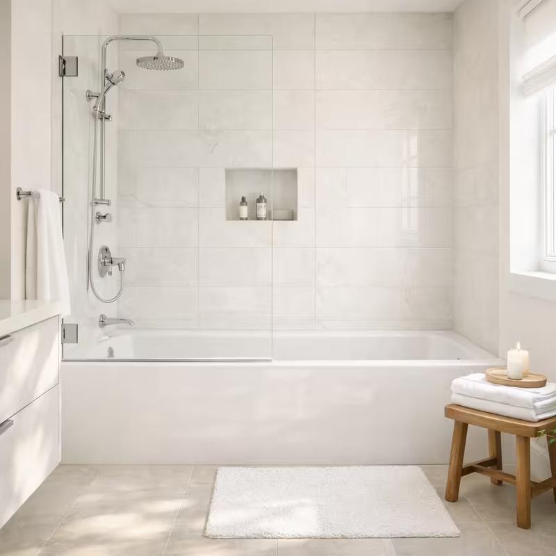Guest bathroom tub shower combo with modern tile surround and glass panel renovations done in roseville by western renovations
