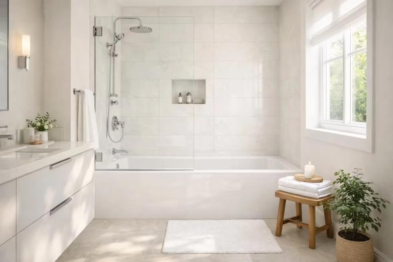 Guest bathroom tub shower combo with modern tile surround and glass panel renovations done in roseville by western renovations