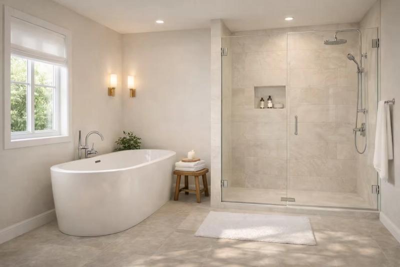 Luxury guest bathroom with soaking tub and separate glass shower renovation done by western renovations in roseville