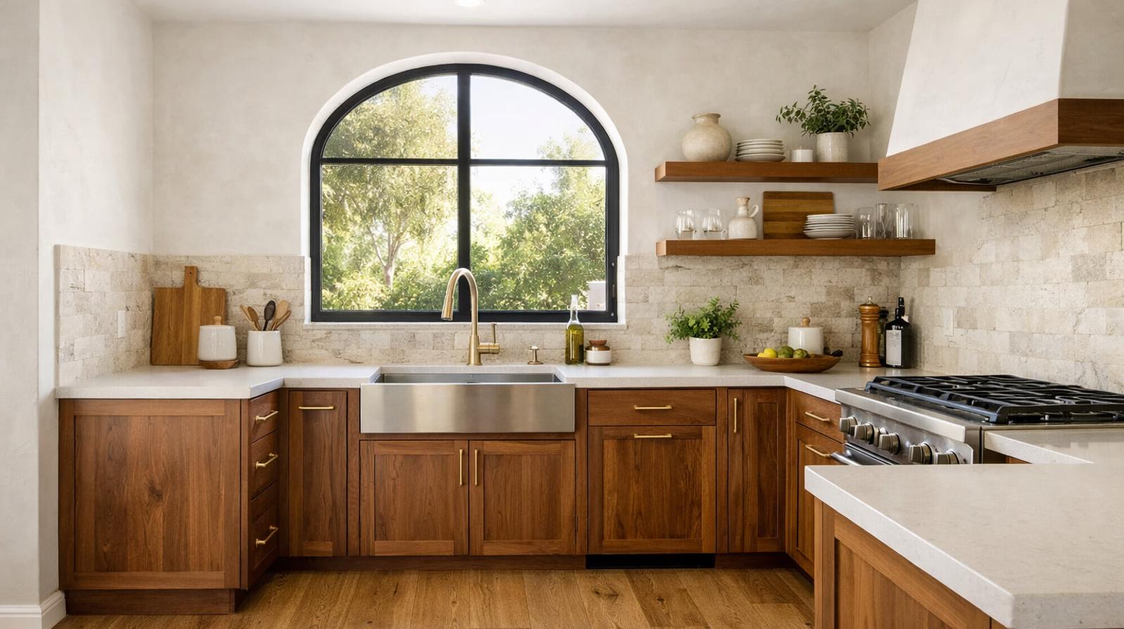 Modern Mediterranean kitchen remodel in Roseville, CA by Western Renovations featuring walnut cabinetry and natural stone finishes