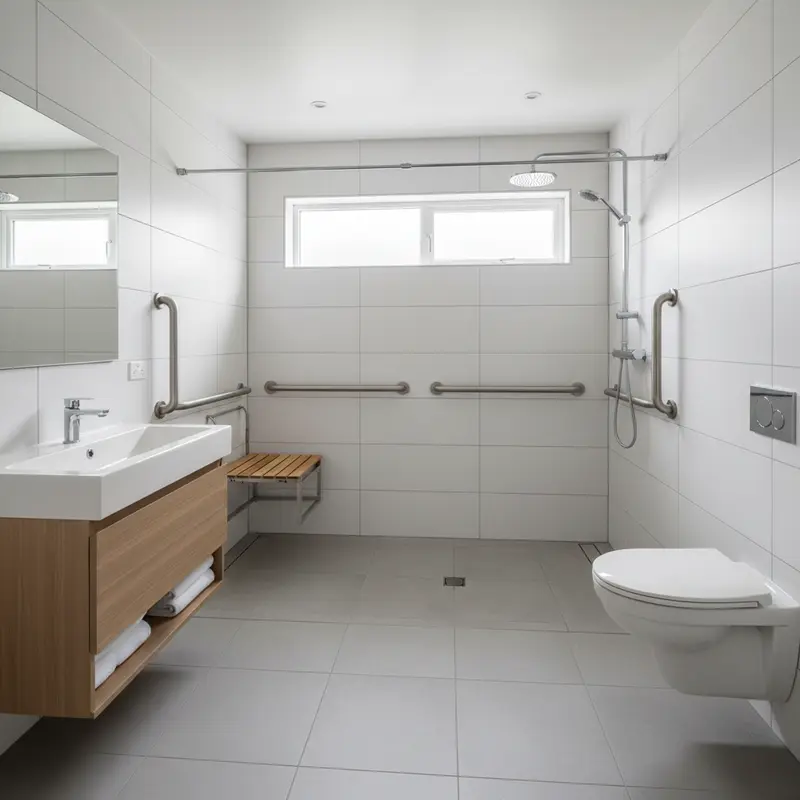 ADA-accessible bathroom with curbless shower, grab bars, and fold-down bench for aging-in-place design