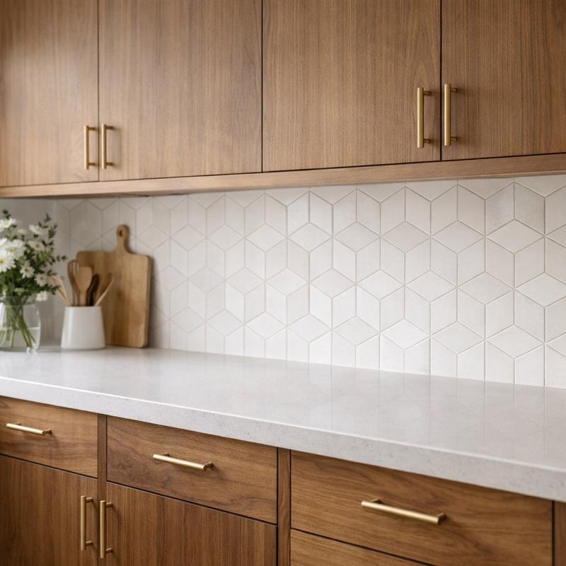 Close-up of kitchen marble countertop and patterned tile backsplash in Roseville by Western Renovations.