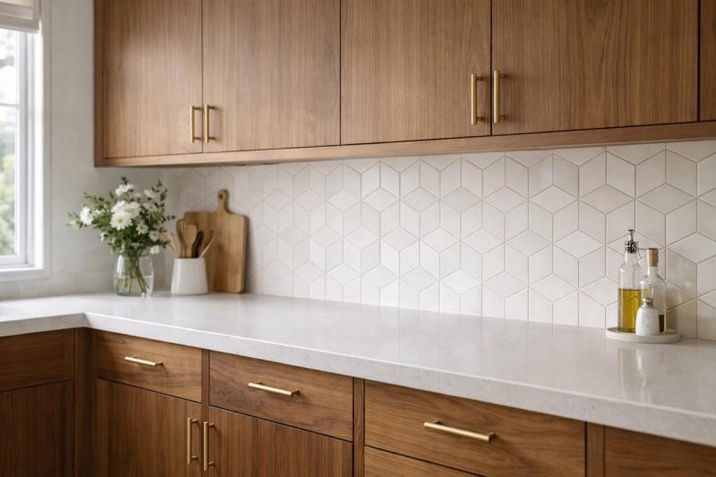 Close-up of kitchen marble countertop and patterned tile backsplash in Roseville by Western Renovations.
