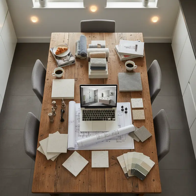 Bathroom remodel planning materials including tile samples hardware finishes quartz chips and floor plan layout