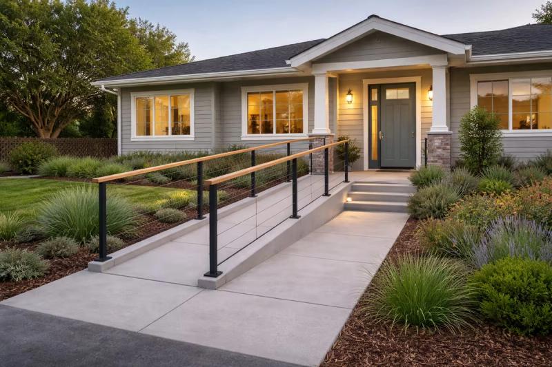 ADA ramp to front entry of a home with no-step access in Roseville, California renovation by western renovations