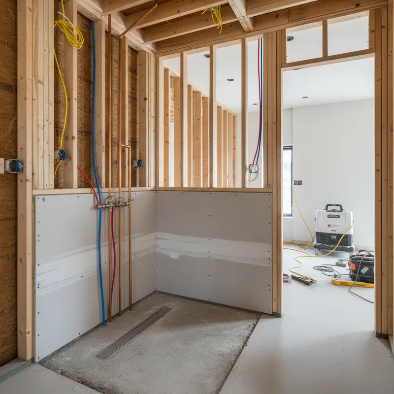 Bathroom rough-in phase showing new plumbing pipes electrical wiring and cement backer board installation