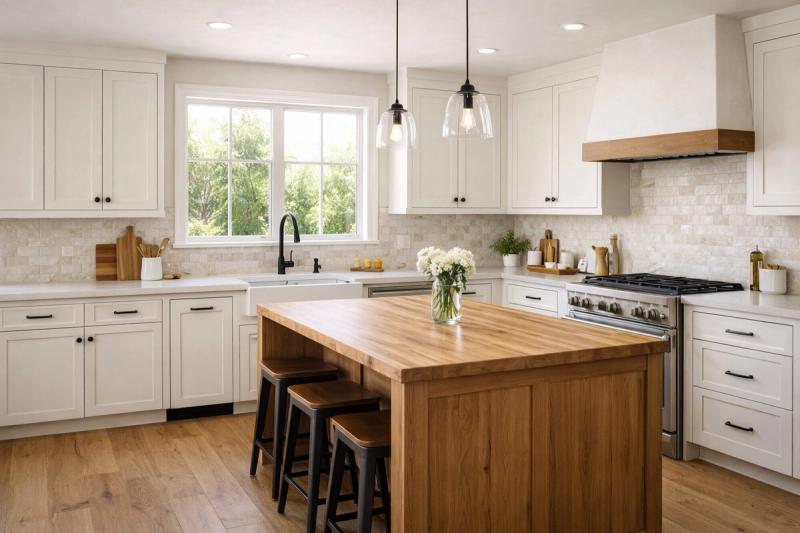 Modern farmhouse kitchen renovation in Roseville California with shaker cabinets and island by Western Renovations