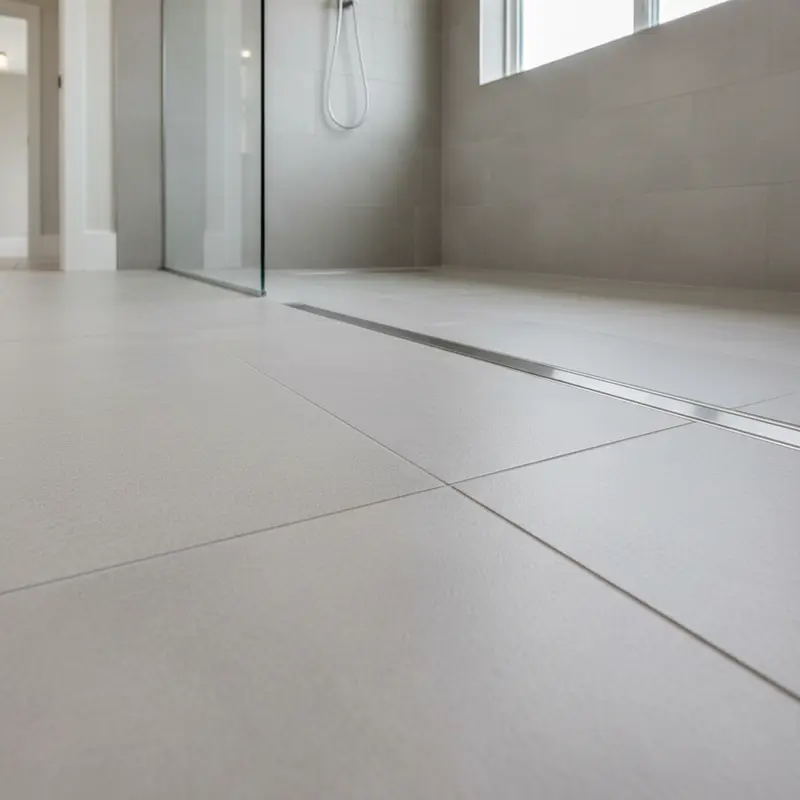 Zero-threshold curbless shower entry showing seamless floor transition with linear drain — no step, no curb, fully wheelchair accessible