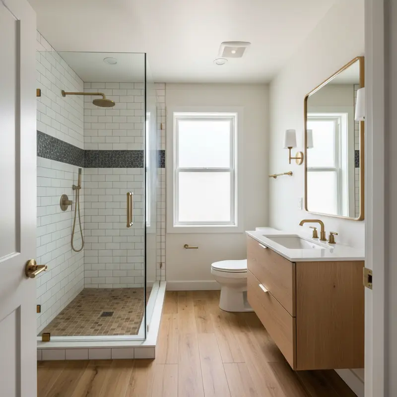 Completed ADA-accessible bathroom remodel showing curbless shower with frameless glass, floating vanity, comfort-height toilet, and seamless wood-look porcelain floor — a high-end renovation by Western Renovations