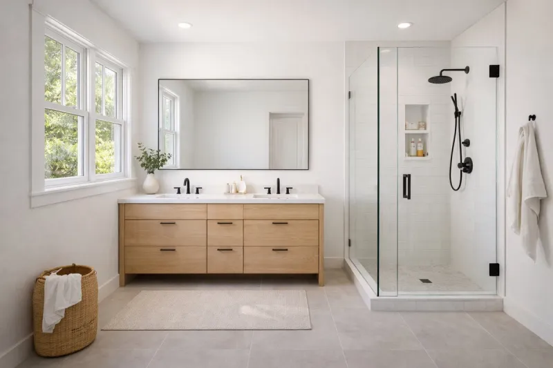 Contemporary bathroom renovation in Roseville CA with floating vanity, quartz countertop, and minimalist lighting with warm tones by Western Renovations.