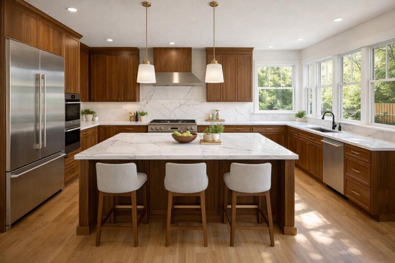 Renovated modern kitchen in Roseville with quartz countertops, custom walnut cabinets, and stainless steel appliances by Western Renovations.