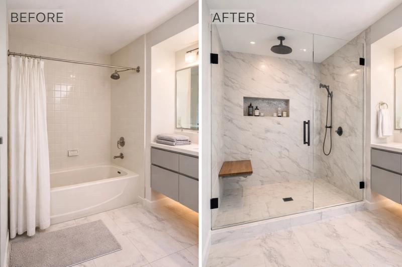 Tub to shower conversion in West Roseville by Western Renovations featuring frameless glass shower and modern tile design.
