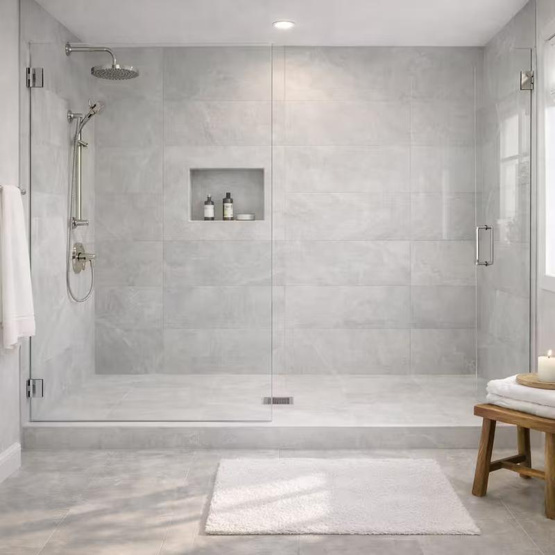 Guest bathroom tub to shower conversion remodel in roseville with large-format porcelain tile walls in soft cool gray tones done by western renovations