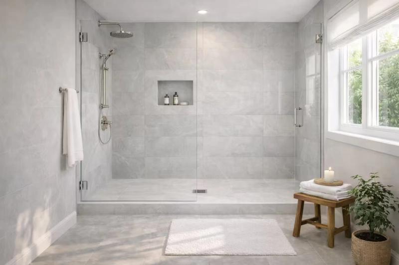 Guest bathroom tub to shower conversion remodel in roseville with large-format porcelain tile walls in soft cool gray tones done by western renovations