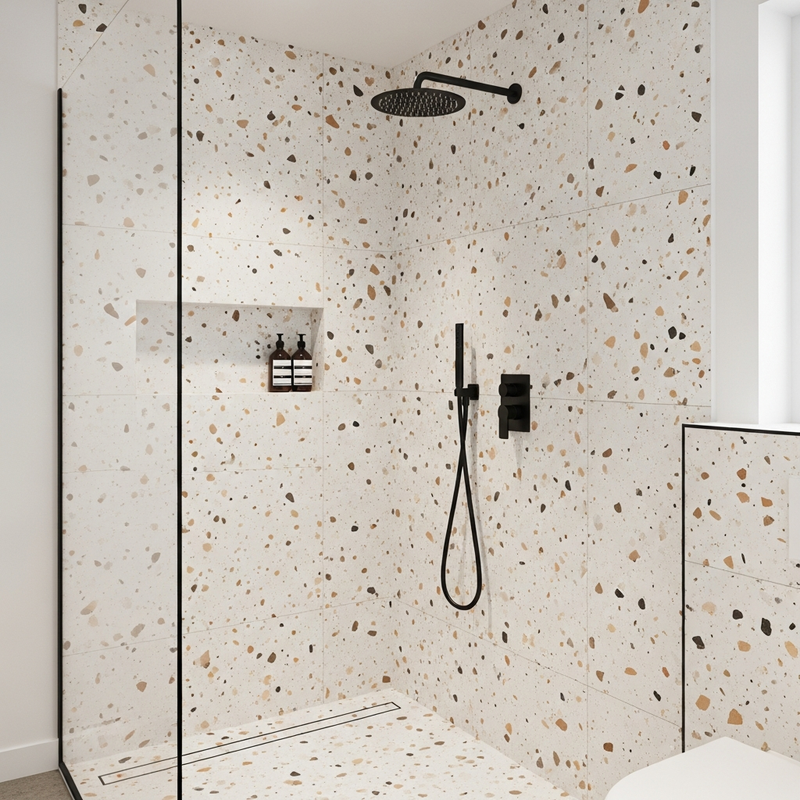 Modern terrazzo slab shower walls with colorful aggregate pattern in contemporary bathroom remodel Sacramento area