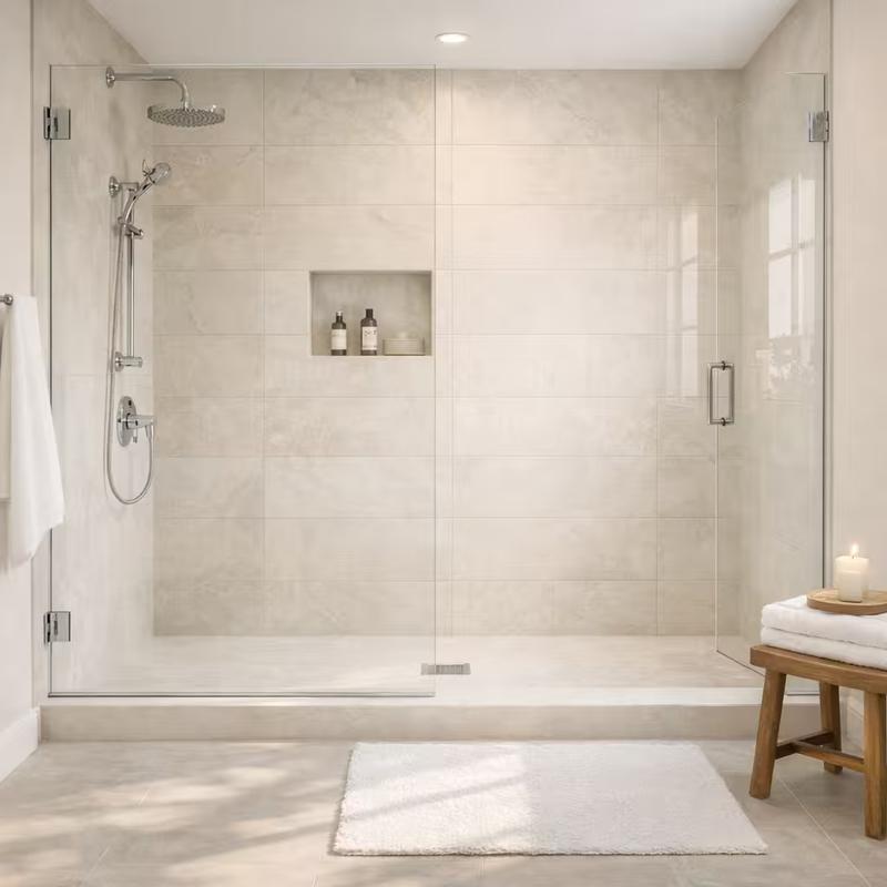 Modern guest bathroom walk in shower with frameless glass enclosure renovation done in roseville by western renovations