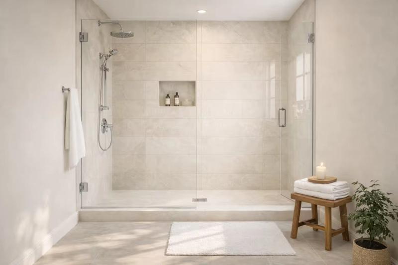 Modern guest bathroom walk in shower with frameless glass enclosure renovation done in roseville by western renovations