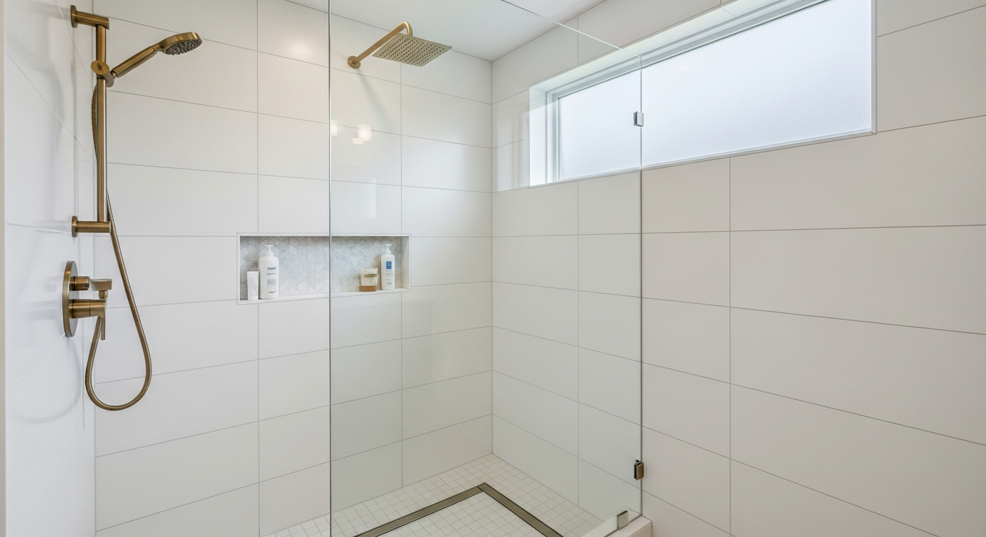 Modern walk-in shower with frameless glass and white tile in a Sacramento bathroom renovation by Western Renovations