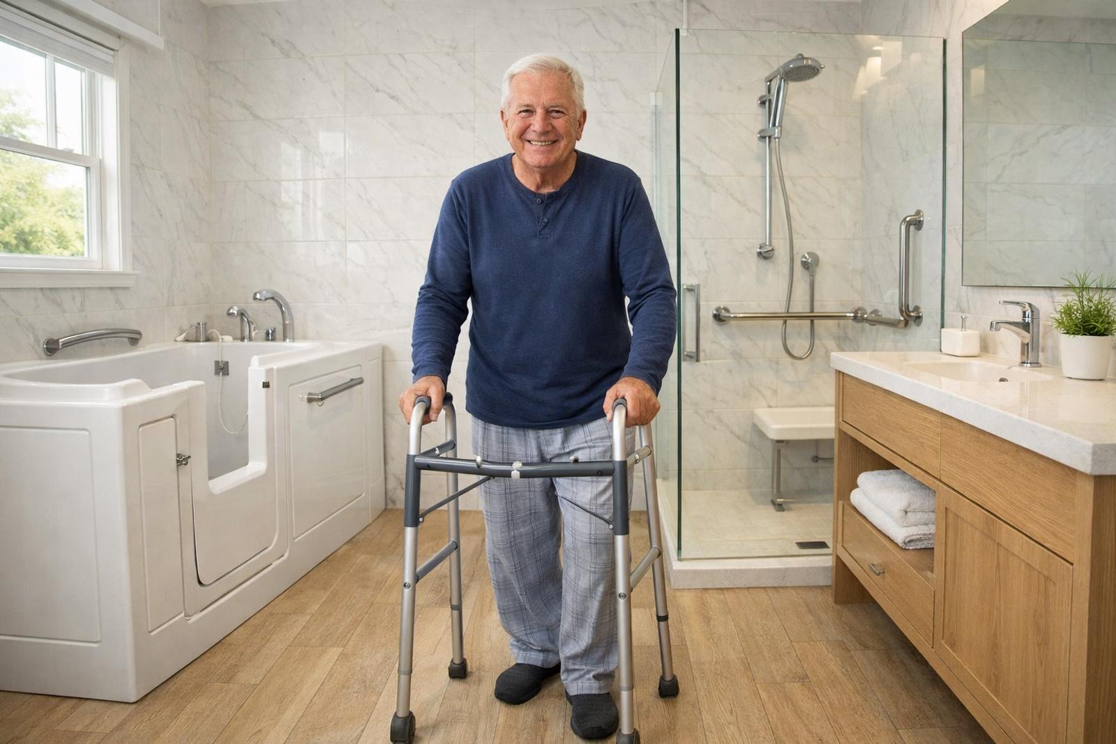 Accessible bathroom with curbless shower, grab bars in Roseville home done by western renovations