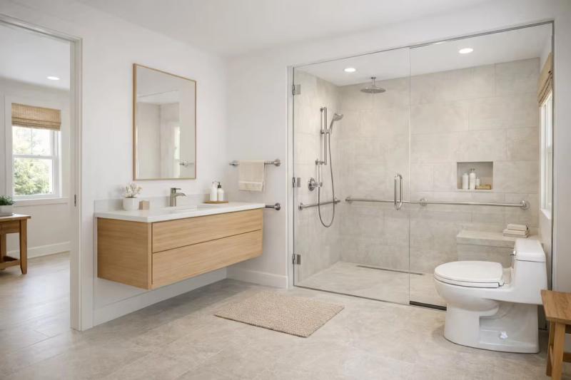 Scandinavian accessible bathroom design with curbless shower for aging in place in Roseville, California done by western renovations