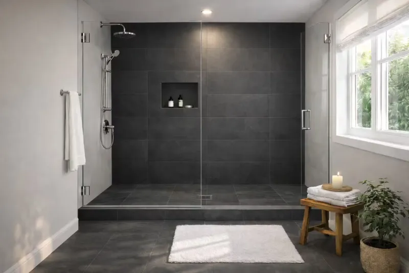Modern charcoal gray porcelain tile walk-in shower in Roseville California guest bathroom remodel with frameless glass and chrome fixtures by Western Renovations.